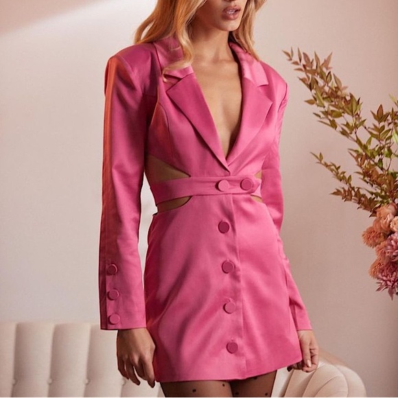 FOR LOVE & LEMONS WOMENS XS XXS BLAZER DRESS PINK BARBIE CROP CUT OUT SKIRT NEW - Picture 1 of 5